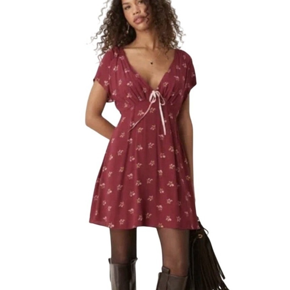 Free People Babydoll Dress NEW Women LG Red Mini Tea Floral Coquette Soft Grunge